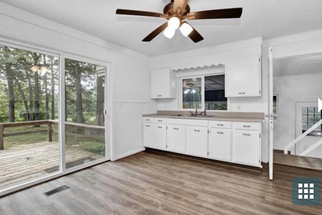 kitchen featuring hardwood / wood-style floors, ceiling fan, sink, and white cabinets