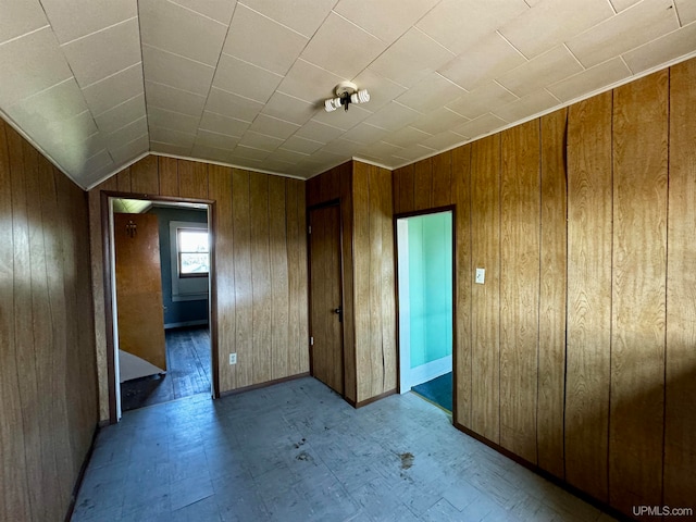 spare room with lofted ceiling and wooden walls