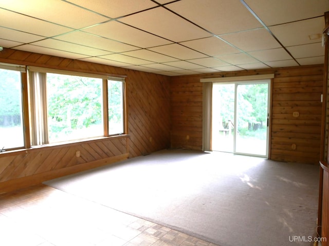 unfurnished room featuring a wealth of natural light and wooden walls