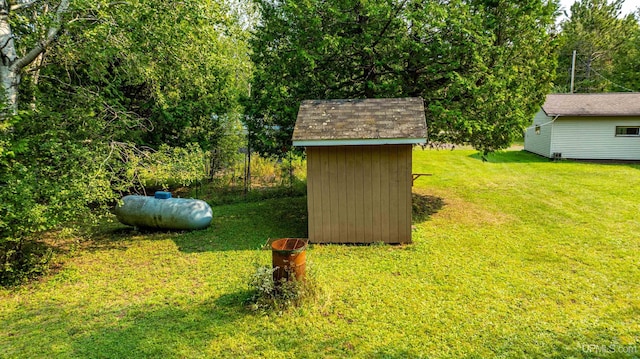 view of yard featuring a shed