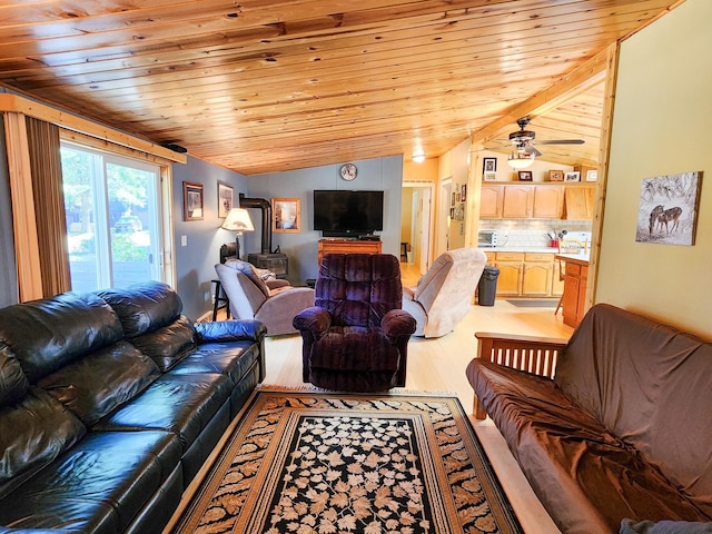 living room featuring wooden ceiling, wood-type flooring, vaulted ceiling, and ceiling fan