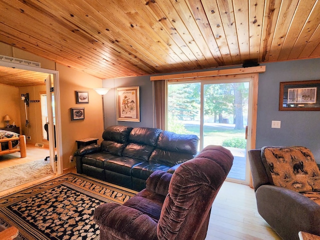 living room with wood ceiling, light hardwood / wood-style floors, and lofted ceiling