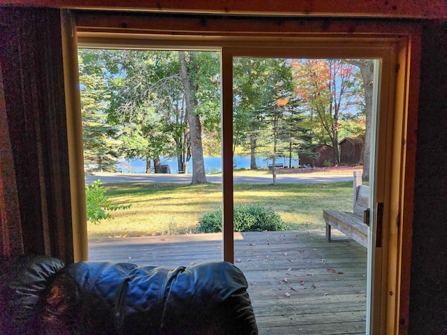 doorway with hardwood / wood-style flooring and a water view