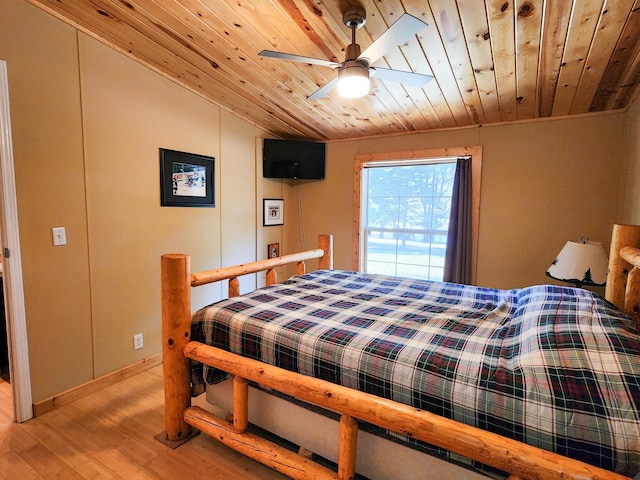 bedroom featuring ceiling fan, lofted ceiling, light hardwood / wood-style floors, and wooden ceiling