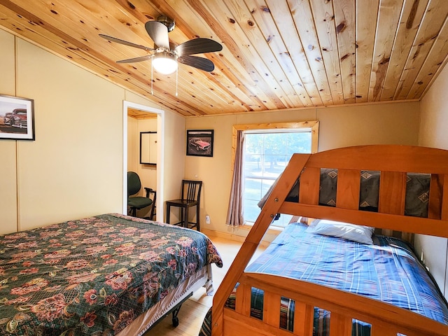 bedroom with lofted ceiling, ceiling fan, and wooden ceiling