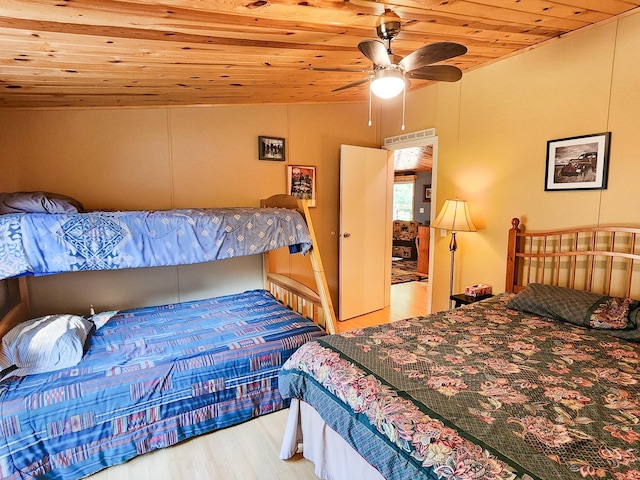 bedroom featuring lofted ceiling, wood ceiling, hardwood / wood-style floors, and ceiling fan