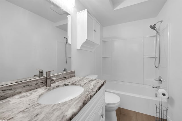 full bathroom featuring vanity, shower / bath combination, tile patterned flooring, and toilet