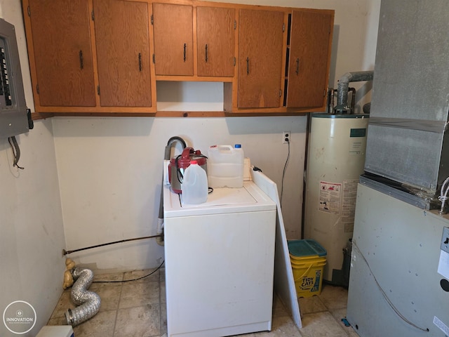 laundry area with gas water heater, electric panel, heating unit, and washer / clothes dryer