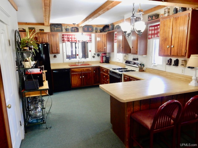 kitchen featuring black appliances, kitchen peninsula, beamed ceiling, and carpet flooring