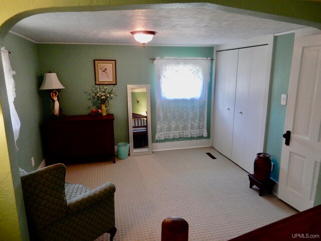 living area with a textured ceiling and light colored carpet