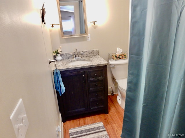 bathroom with wood-type flooring, vanity, and toilet