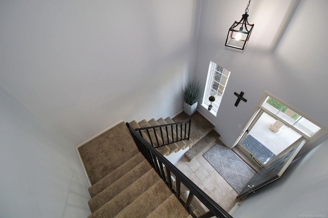 stairway with a high ceiling and carpet flooring