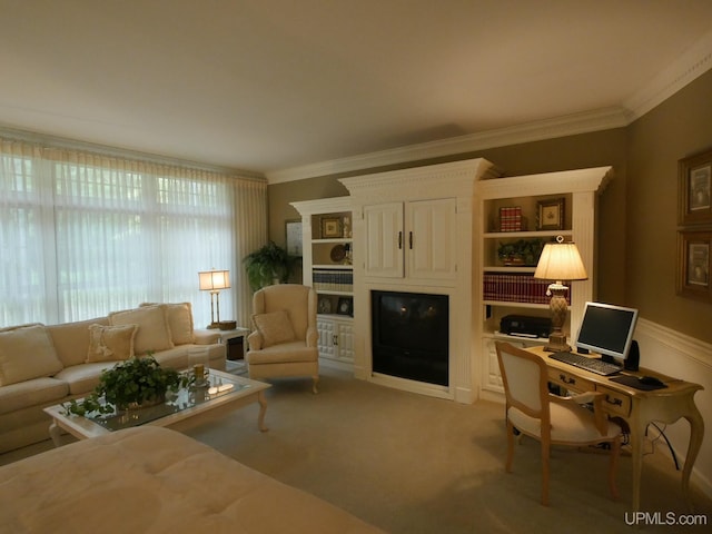 living room with light carpet and ornamental molding