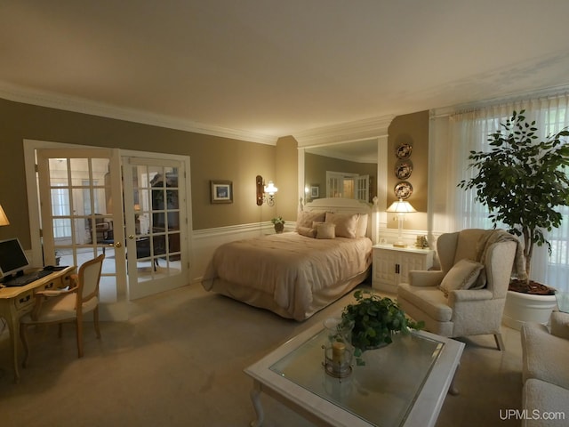 bedroom with carpet flooring and crown molding