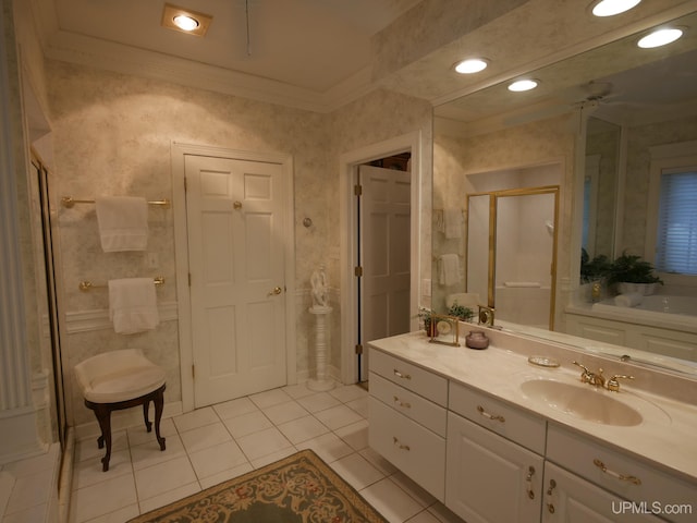 bathroom featuring tile patterned flooring, vanity, ornamental molding, and a shower with door