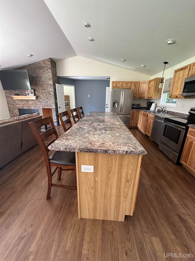 kitchen featuring a stone fireplace, decorative light fixtures, appliances with stainless steel finishes, dark hardwood / wood-style floors, and vaulted ceiling