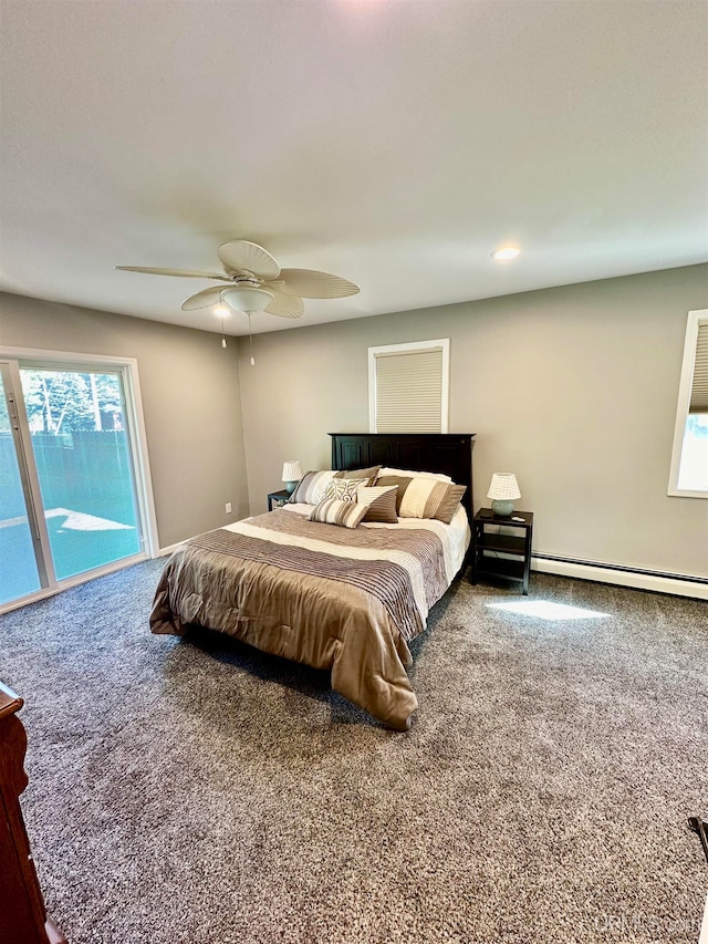 bedroom featuring multiple windows, access to outside, ceiling fan, and carpet floors