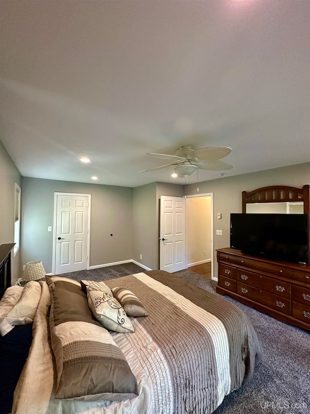 bedroom featuring ceiling fan and carpet flooring