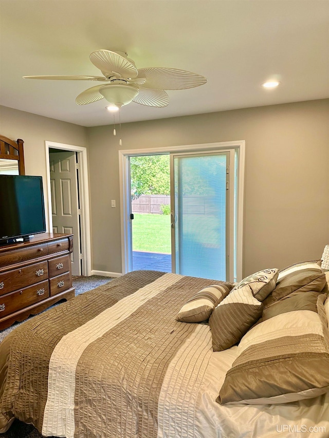 bedroom featuring ceiling fan, access to exterior, and carpet floors