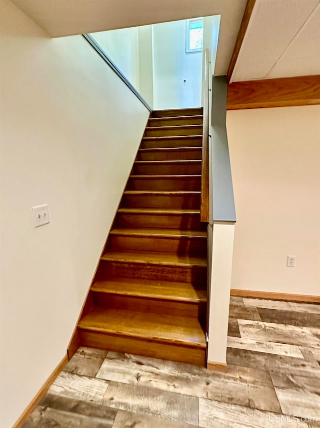 staircase with hardwood / wood-style floors