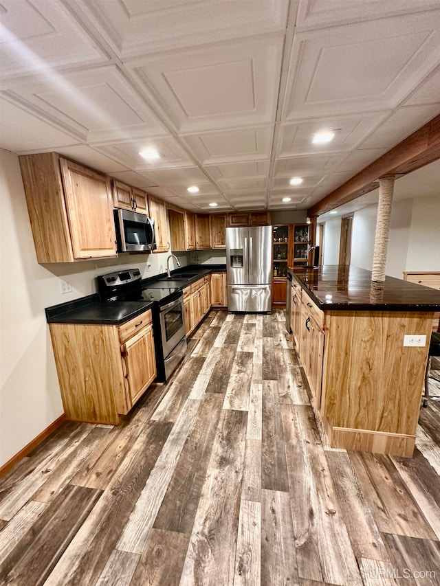 kitchen featuring stainless steel appliances, light brown cabinets, light wood-type flooring, and sink