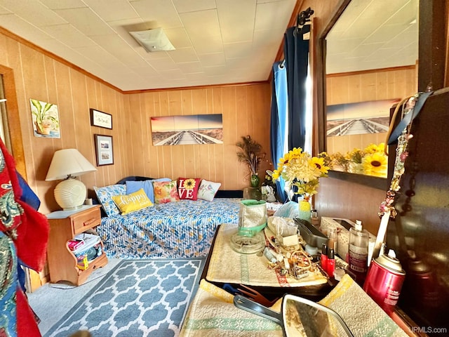 carpeted living room with wood walls