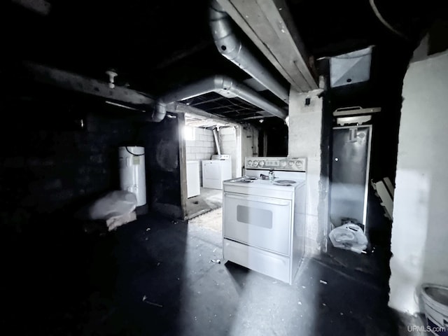 kitchen featuring water heater, white cabinetry, concrete flooring, white electric range oven, and washer and dryer