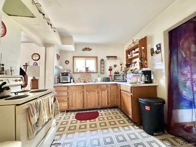 kitchen featuring kitchen peninsula, white range with electric cooktop, and sink