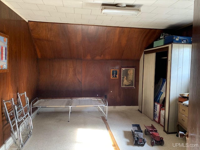 miscellaneous room featuring wood walls and vaulted ceiling