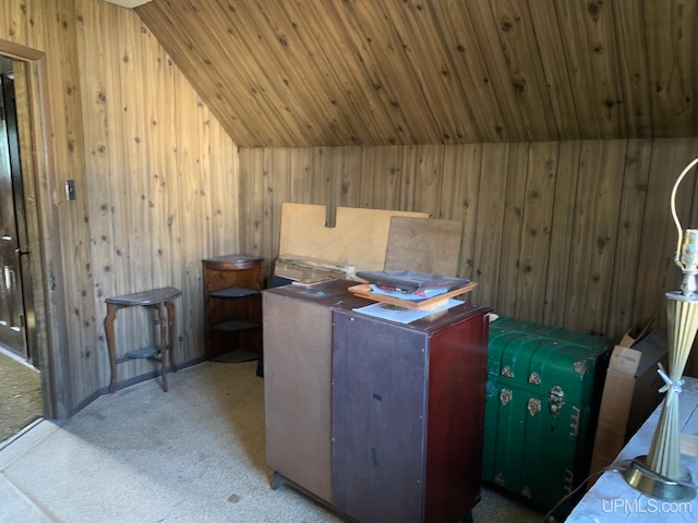 interior space with light carpet, wooden walls, and wooden ceiling