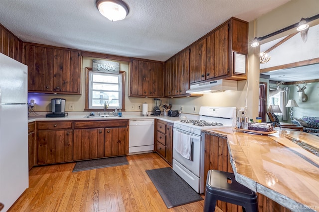 kitchen with a textured ceiling, light hardwood / wood-style flooring, sink, and white appliances