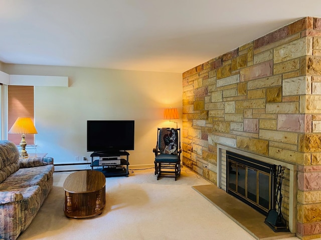 living room with a baseboard radiator, carpet floors, and a fireplace