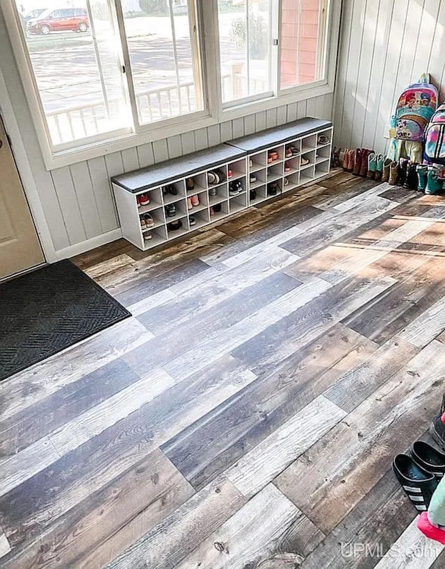 interior space with wooden walls and hardwood / wood-style floors