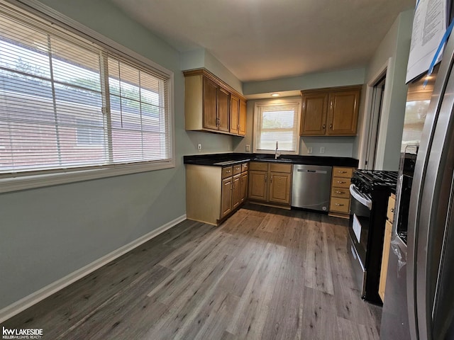 kitchen with light hardwood / wood-style flooring, stainless steel appliances, plenty of natural light, and sink