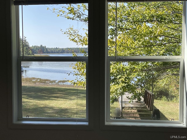 interior space with a water view