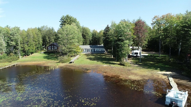 exterior space with a water view