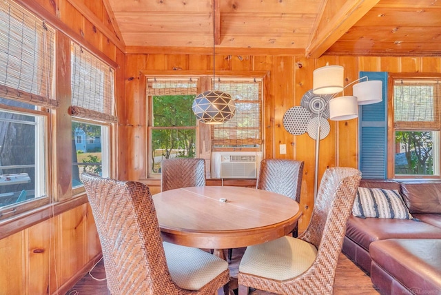 dining area featuring wood ceiling, wood walls, and plenty of natural light