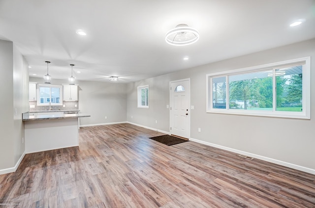 unfurnished living room with wood-type flooring and sink