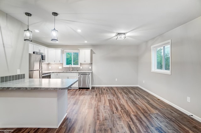 kitchen with white cabinets, stainless steel appliances, dark hardwood / wood-style floors, and a healthy amount of sunlight