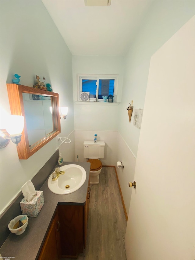 bathroom with vanity, toilet, and wood-type flooring