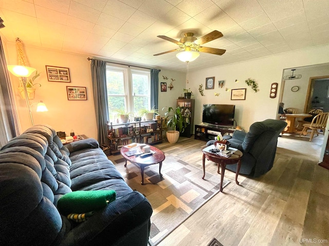 living room with wood-type flooring and ceiling fan