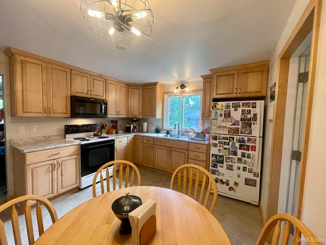 kitchen with hanging light fixtures, white appliances, light brown cabinetry, an inviting chandelier, and sink