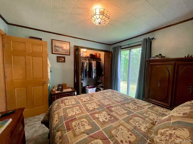 carpeted bedroom with ornamental molding, access to exterior, and a closet