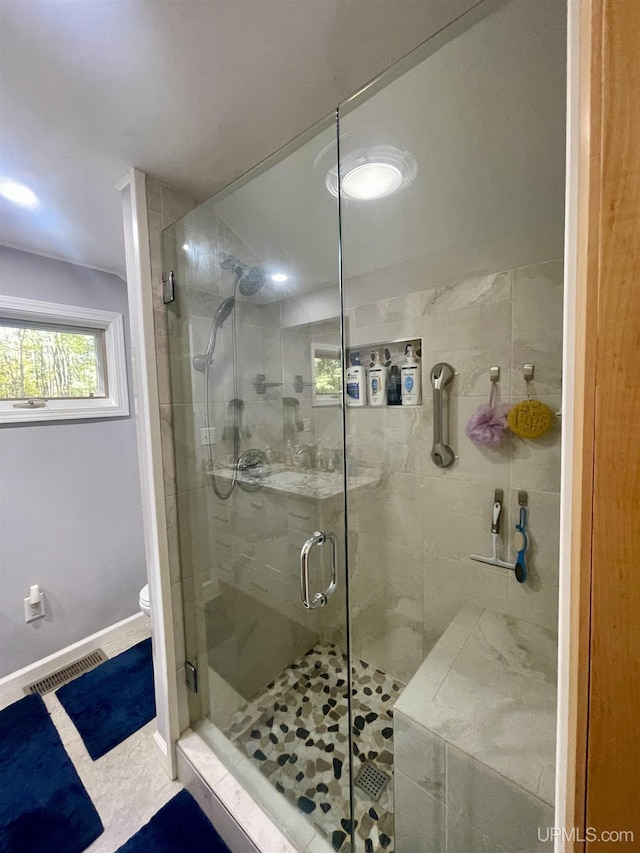 156 N Carlshend Rd, Skandia, MI 49885 - full bath with toilet, a stall shower, baseboards, and visible vents