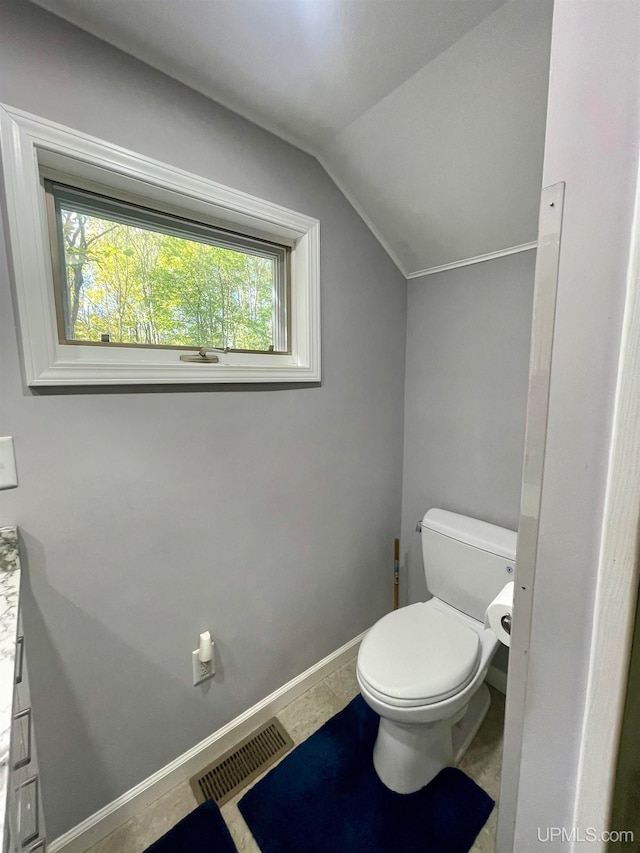 bathroom featuring a healthy amount of sunlight, vaulted ceiling, toilet, and vanity