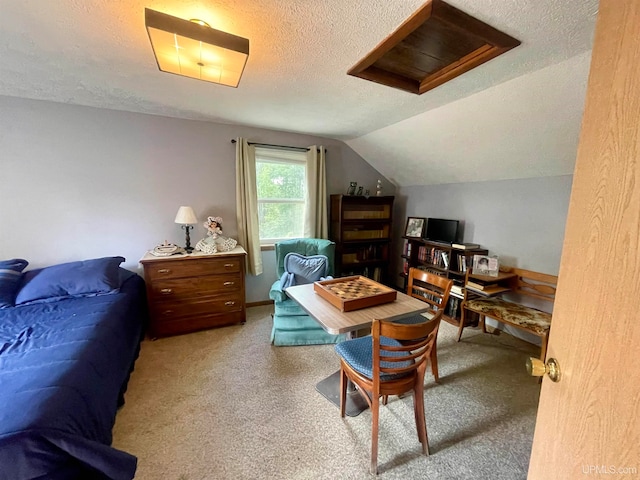 carpeted bedroom with a textured ceiling and vaulted ceiling