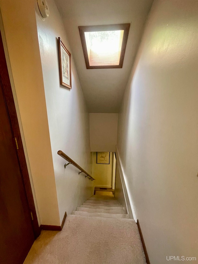 stairs featuring lofted ceiling and carpet floors