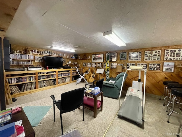 156 N Carlshend Rd, Skandia, MI 49885 - living area featuring wooden walls and a textured ceiling