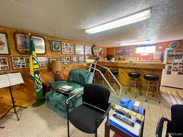 interior space with light colored carpet, bar area, a textured ceiling, and wooden walls