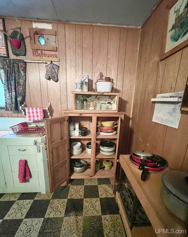 kitchen with wood walls